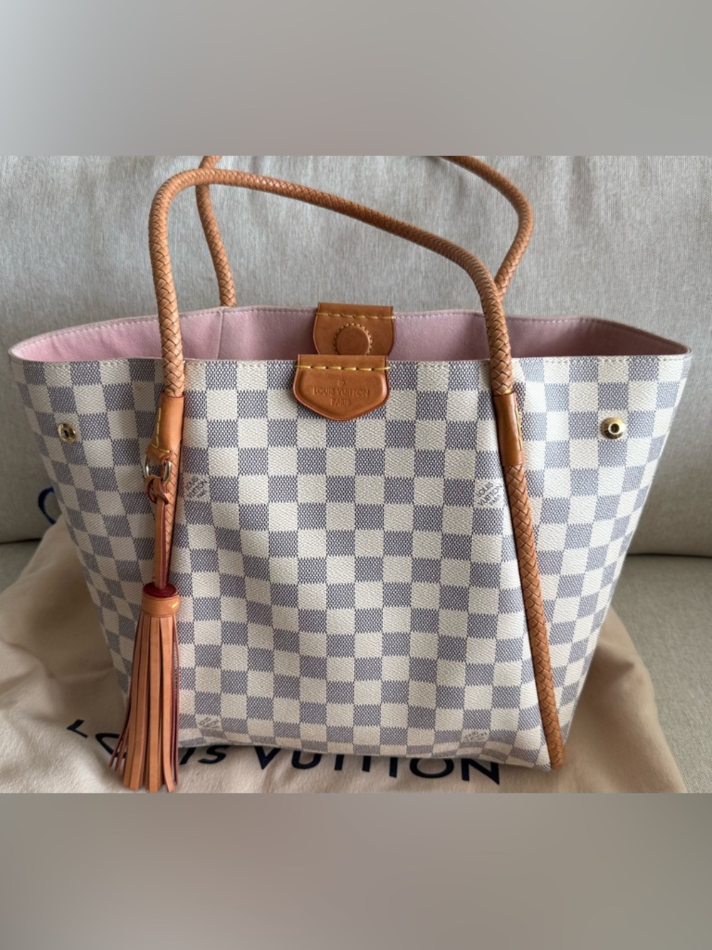 Louis Vuitton Cream and Gray Checkered Tote with Tan Trim